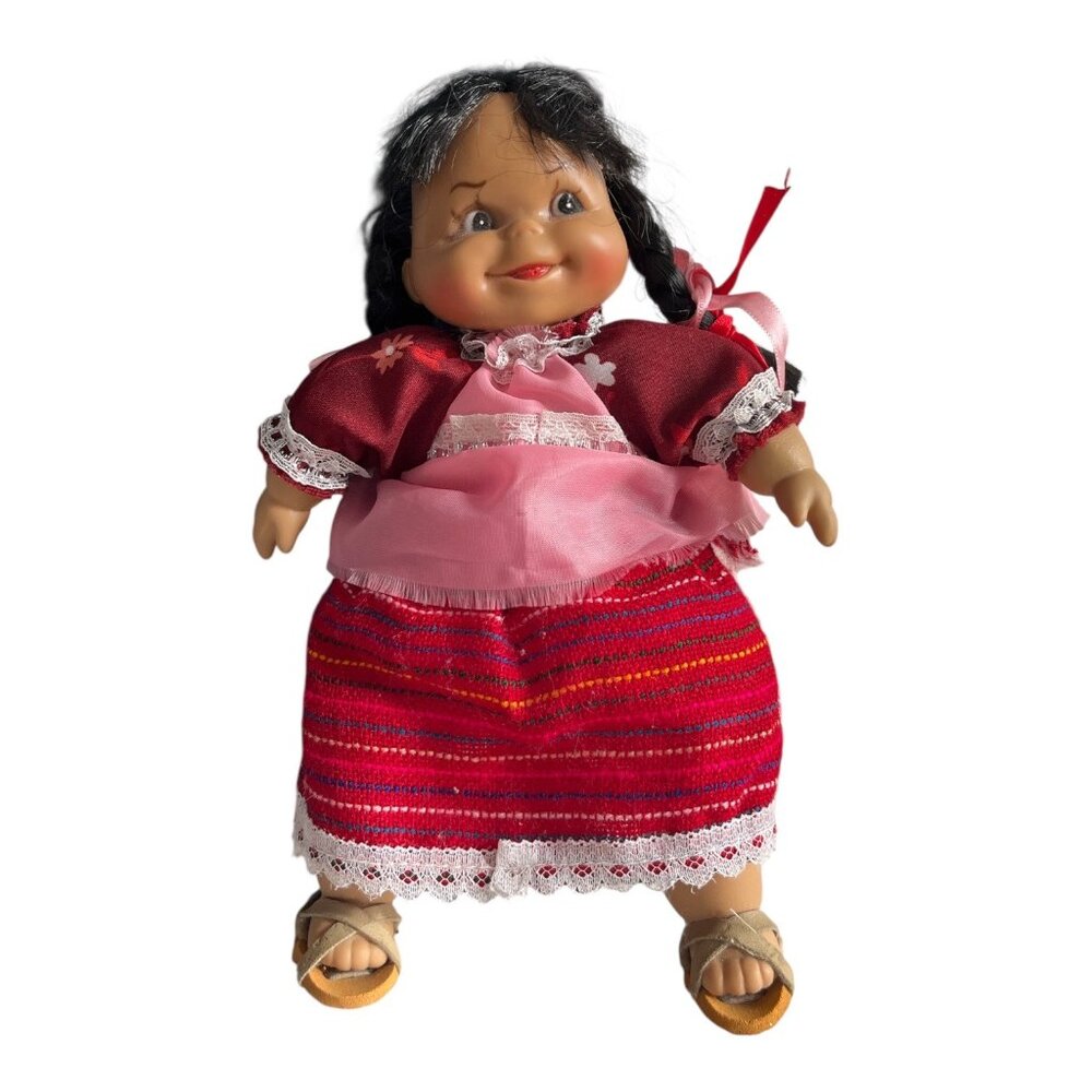 Vintage Mexican Style Muñeca Doll 9” Vinyl Head Braided Hair Folk Dress Souvenir